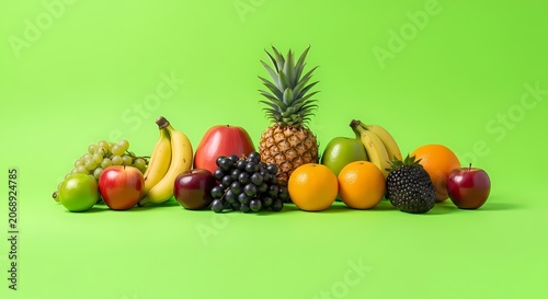 Assortment of Fresh Fruits on Lime Green Background