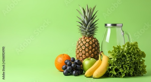 Fresh Fruits & Vegetables with Glass Jar on Green Background