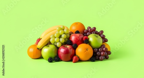 Vibrant Fresh Fruit Assortment on Light Green Background - Healthy Food Concept