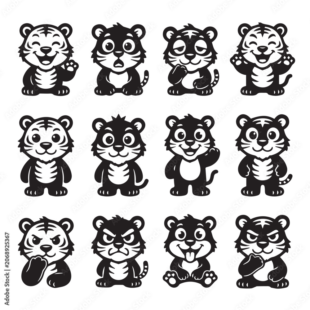 Fototapeta premium Cute Tiger Icons Set: Diverse Emotions and Poses, Vector Illustration. A collection of twelve adorable tiger icons, each displaying a unique emotion and pose in a simple black and white style.