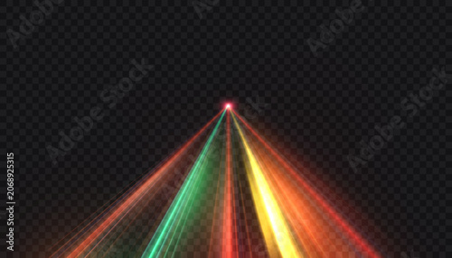 Multicolored laser beams radiating from a bright central point on a dark background, creating an abstract futuristic light effect.