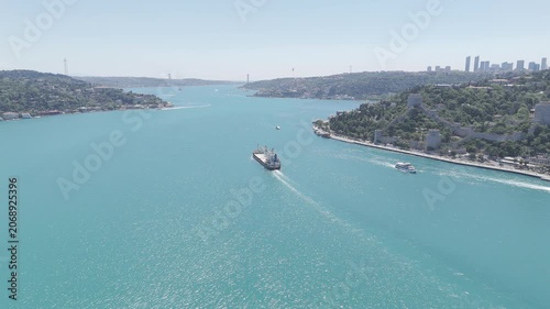 Aerial view of the turquoise Bosphorus and bridges, featuring a unique Istanbul cityscape on a summer day (D-Log unprocessed footage).