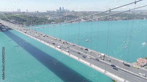 Aerial view of the turquoise Bosphorus and bridges, featuring a unique Istanbul cityscape on a summer day (D-Log unprocessed footage).