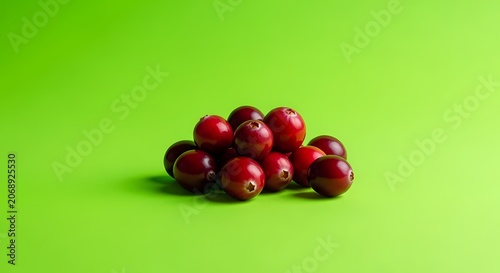 Pile of fresh cranberries on a vibrant green background