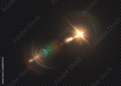 A golden lens flare with a vibrant, shimmering light reflection and colorful rainbow optical rings. Vector light effect on a dark background.
