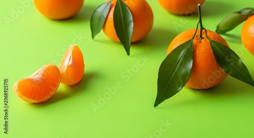 Fresh Oranges with Leaves on Green Background, Healthy Food Concept