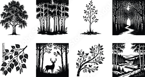 Canvas Print Black and white forest silhouette vector set featuring birch trees landscapes de