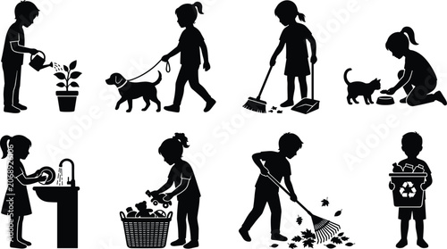Tableau sur toile Black and white kids chores silhouette vector set featuring children doing house