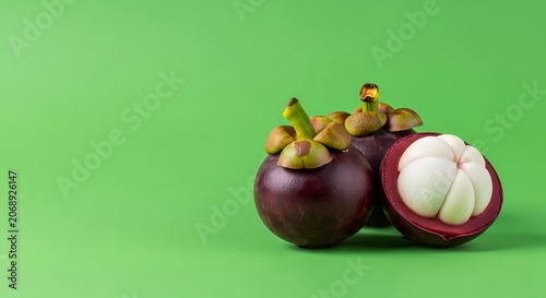 Fresh Mangosteen Fruit Halved with Green Stems on a Green Background