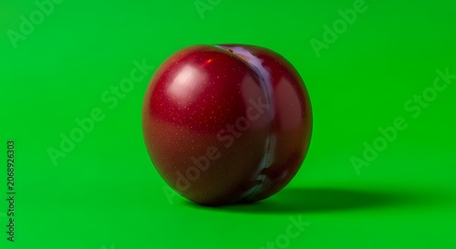 Single Ripe Red Plum on Vibrant Green Background, Studio Shot