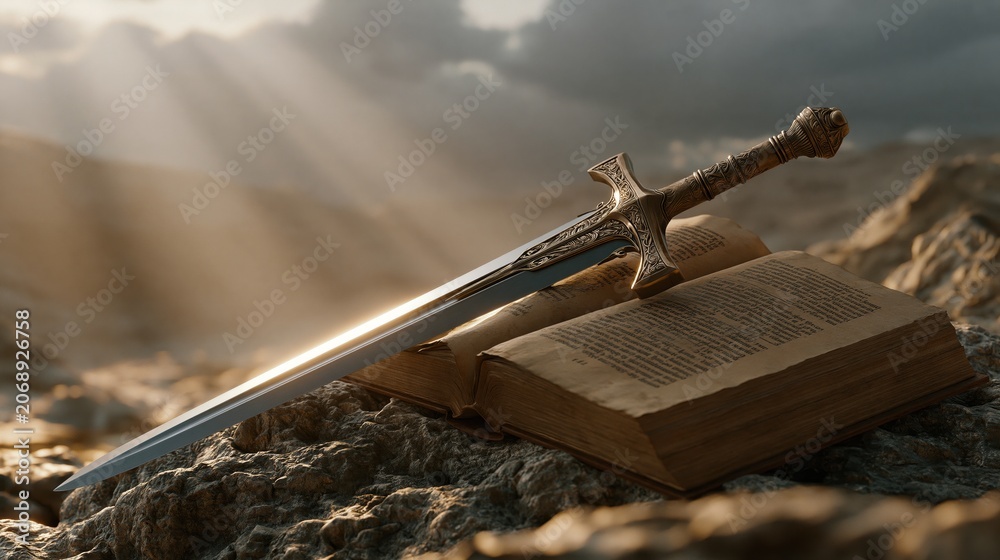 Obraz premium Bible and Sword Representing Faith, Strength and Protection