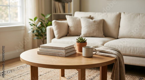 Interior, Placement, Round wooden coffee table displaying products in cozy living room. a premium circular natural wood coffee table is positioned