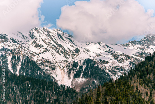 Fotografie Mountain view from Lake Ritsa Abkhazia, snowy mount landscape in winter