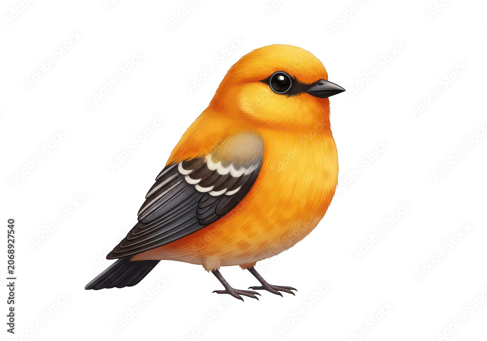 Fototapeta premium Small cute orange songbird with black and white wings standing in a peaceful side profile view isolated on transparent background