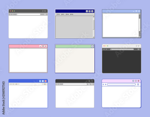 A collection of vector illustrations featuring various internet browser windows. Computer system windows in various colors and shapes.