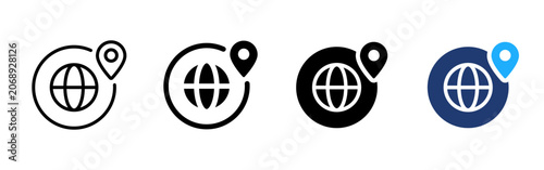 Global location icon. World map pin symbol. Geolocation sign. Simple pictogram for international address, GPS navigation, travel and worldwide place search design.