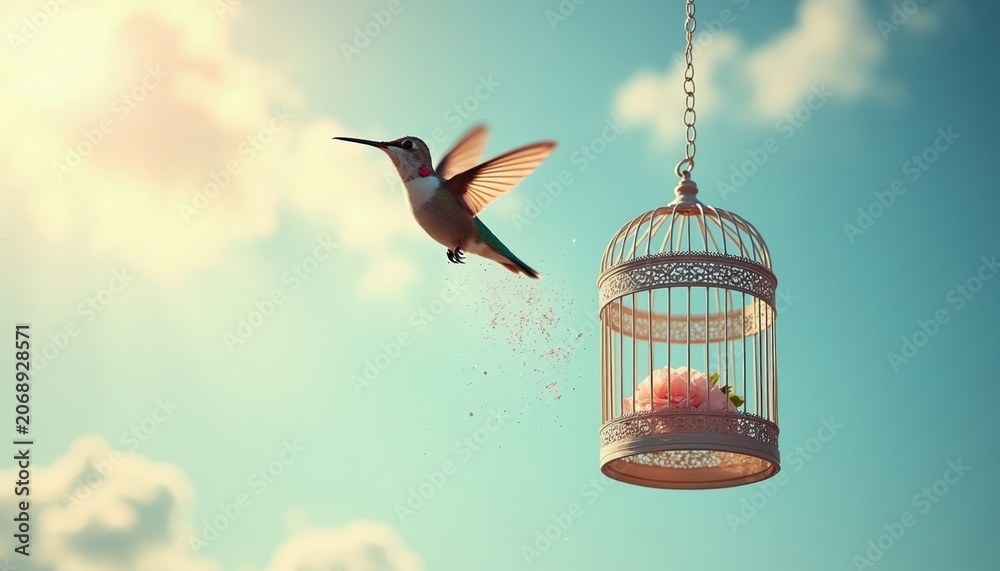 Fototapeta premium Hummingbird flies from open ornate birdcage into bright blue sky. Tiny bird escapes confinement with wings spread, leaving cage behind. Symbol of freedom and new beginnings against clouds.