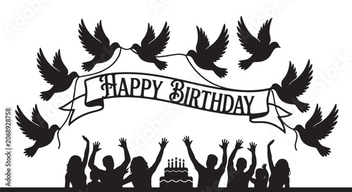 Cuadro en lienzo Happy Birthday silhouette with flying doves carrying celebration banner, elegant
