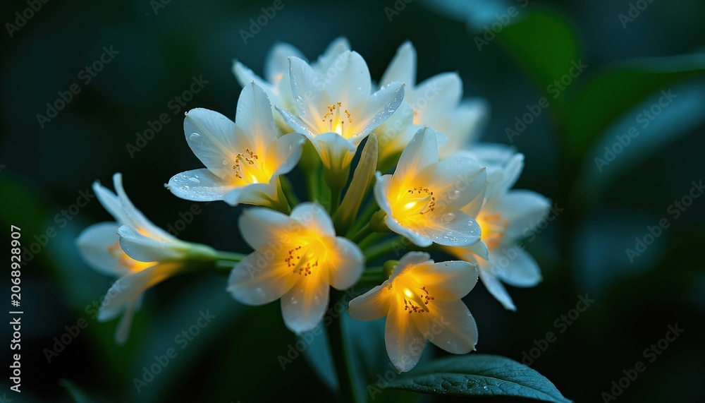 Fototapeta premium Group of white flowers glows with yellow light at night. Dew drops on petals reflect dim illumination. Dark background with green leaves emphasizes delicate flora.