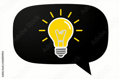 Bright bulb glows inside a speech bubble. Thoughts spark with ideas.