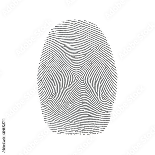 Detailed human fingerprint icon on white background, black ink thumbprint for biometric security, unique identity mark for forensic investigation