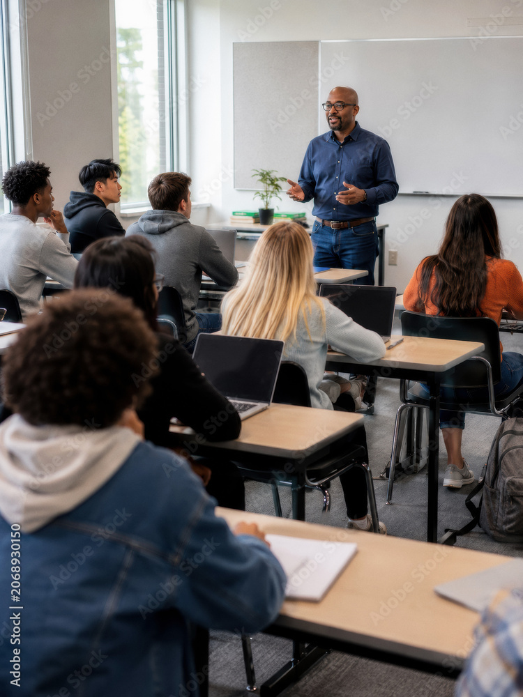 Obraz premium A teacher engages a diverse group of students in a modern classroom setting. Interactive learning environment.