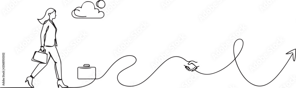 Obraz premium Woman follows a winding arrow road in single line draw. National Productive Business Civility Day with a business concept.one line vector illustration with white background