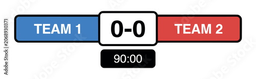 Vászonkép Sports scoreboard with team 1, team 2, 0-0 score, and 90:00 timer