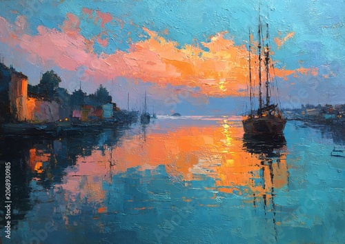 Serene Harbor at Sunset - A Vibrant Impressionistic Seascape Painting.