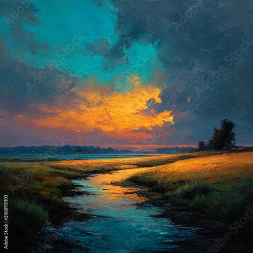 Serene Landscape Painting - River Flowing Under a Dramatic Sky at Sunset.