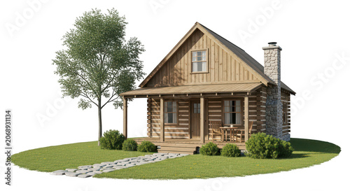 Small rustic wooden log cabin house with a stone chimney standing on a patch of green grass lawn isolated on transparent background