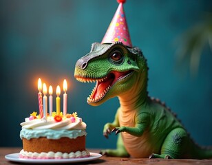 Green dinosaur wearing party hat celebrates birthday with cake and lit candles. This cute creature looks happy and ready to eat dessert. Prehistoric animal enjoys festive occasion.