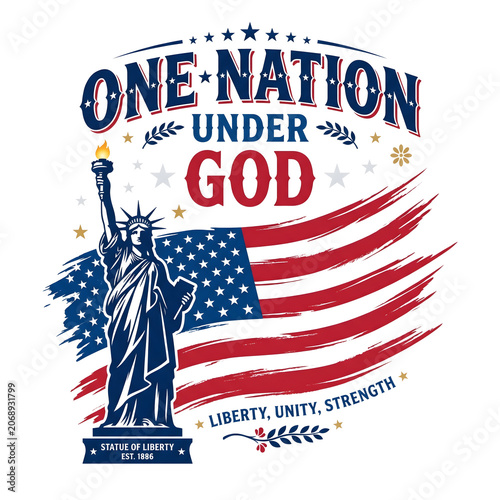 Patriotic design with statue of liberty and american flag one nation under god isolated on transparent background