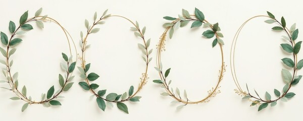 Four gold oval frames with green leaves and delicate gold sprigs on a light background. Minimalist floral botanical borders suitable for invitations cards and design templates.