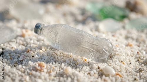 Plastic bottle sand beach waste pollution clear, discarded container lying on grain and shell fragment near coast, environmental concern