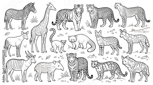 Canvas Print Hand drawn wild animals collection, 14 safari and jungle animal vector illustrat