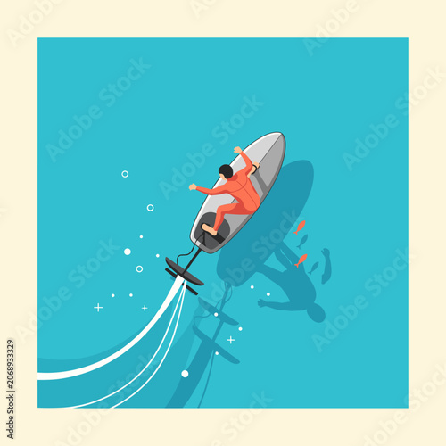Flat Vector Illustration of E-Foil Surfer Top-Down View