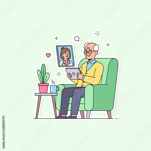 Flat Vector Elderly Telemedicine Consultation Scene