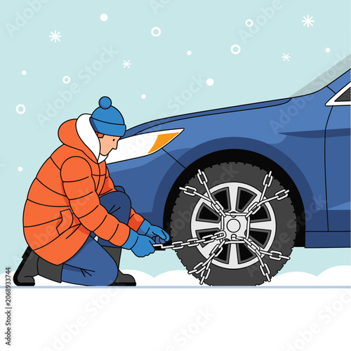 Flat Vector Illustration of Person Installing Car Snow Chains