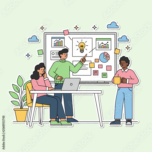 Flat Vector Team Brainstorming Whiteboard Scene