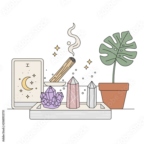 Modern Crystal Altar with Tarot Flat Vector Illustration