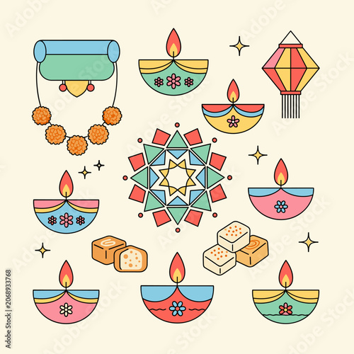 Modern Flat Vector Diwali Celebration Elements