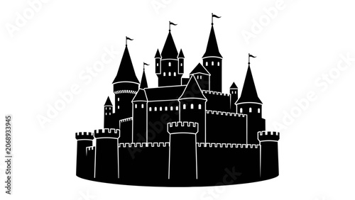 Fotografie Silhouette of a Majestic Castle: A striking silhouette of a grand castle stands against a stark background, its numerous turrets and battlements intricately detailed