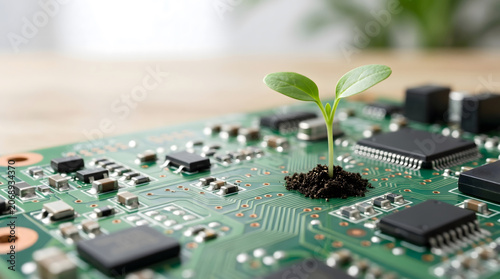 Ecology, Technology. Small plant on circuit board, technology and sustainability concept Generative AI