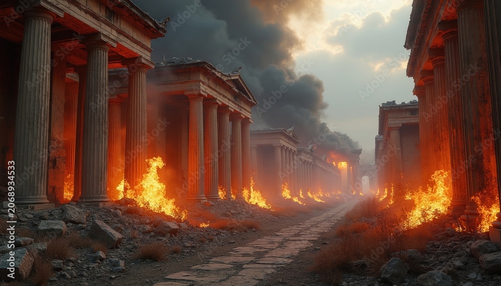 Naklejka premium Ancient Roman city street engulfed in flames. Thick smoke billows into the sky above burning ruins. Fire consumes crumbled buildings and stone columns on a desolate path.
