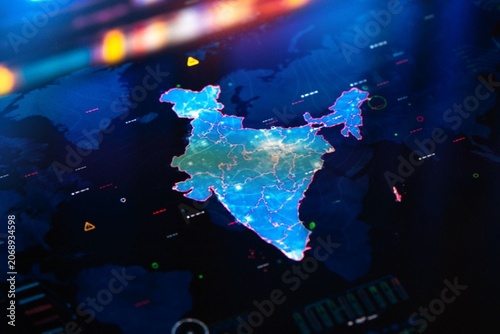 Digital map of India glows with data streams. Network lines pulse across its borders and states. Futuristic dashboard background suggests analytics. Ideal for tech, business. No people, no animals