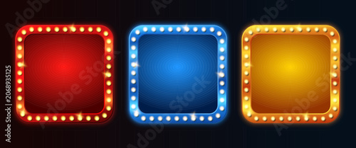 Retro light cinema frame. Square lightboxs with neon light on dark background