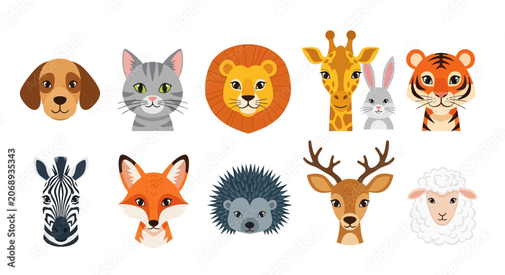 Fototapeta premium Cute animal faces, cartoon zoo creatures, vector icons set, colorful wildlife illustrations
