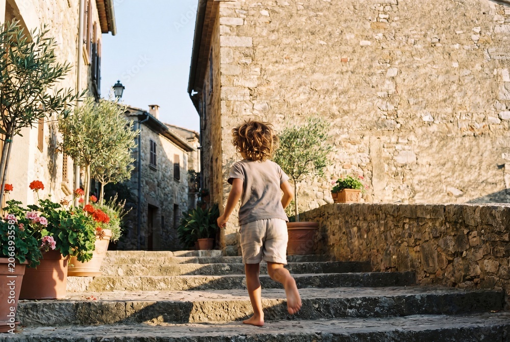 Fototapeta premium Carefree little boy running up the stone steps of a traditional village street.