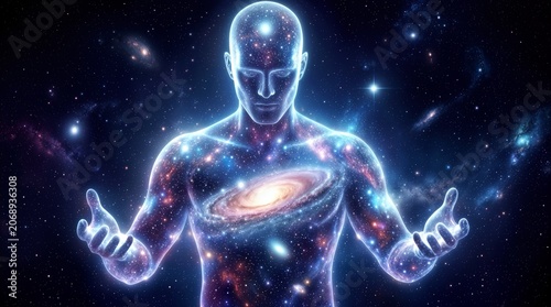 Cosmic entity with galaxy inside chest floating in deep space. Spiritual being manifesting universal energy and starlight in vast nebula.
